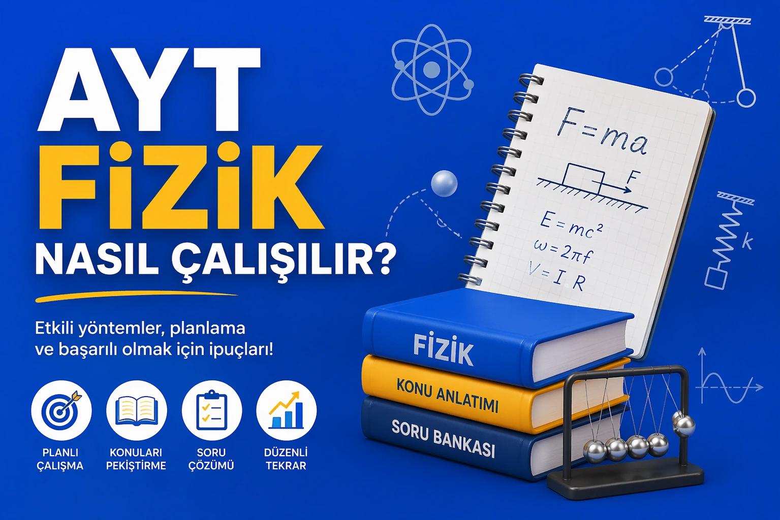 AYT fizikle ilgili kitapları ve notları gösteriyor.