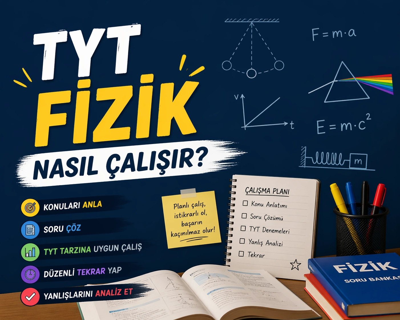 TYT fizik çalışırken kullanılan kalem, kitap ve defter gibi öğeler gösteriliyor.