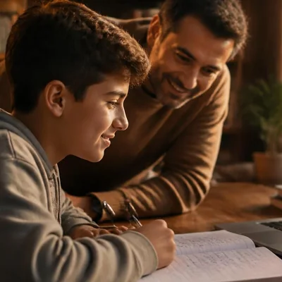 Laptopta canlı derse katılan öğrenci ve velisi